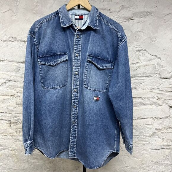 Vintage 90s Blue Denim Long Sleeve Tommy Hilfiger Shirt Jean Distressed Faded - Picture 1 of 14
